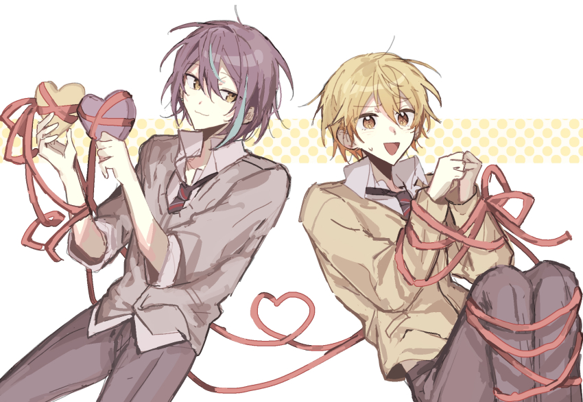 2boys :3 black_necktie blonde_hair blue_hair blue_streaks bound bound_legs bound_wrists cardigan closed_mouth collared_shirt commentary_request cowboy_shot diagonal-striped_clothes diagonal-striped_necktie frown gradient_hair grey_cardigan grey_pants hands_up heart highres holding kamishiro_rui kamiyama_high_school_uniform_(project_sekai) knees_up legs_together looking_to_the_side male_focus multicolored_hair multiple_boys necktie open_mouth orange_eyes orange_hair own_hands_together pants polka_dot polka_dot_background project_sekai purple_hair red_ribbon ribbon ribbon_bondage school_uniform shirt short_hair simple_background sleeves_rolled_up smile streaked_hair striped_clothes tenma_tsukasa three-quarter_sleeves tokyu_(specialsetsweet) very_short_hair white_background wing_collar winter_uniform yaoi yellow_eyes