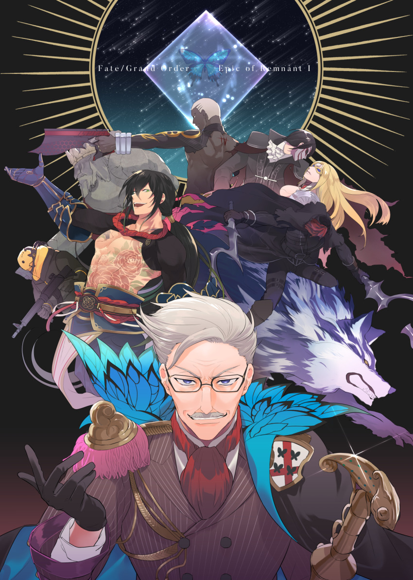 1girl 5boys animal ascot bare_back belt black-framed_eyewear black_belt black_cape black_gloves black_pants blonde_hair blue_butterfly blue_eyes blue_gloves bug butterfly cane cape christine_daae crew_cut crown dancing dark-skinned_male dark_skin dullahan emiya_alter facial_hair fate/grand_order fate_(series) flower_tattoo glasses glint gloves grey_hair grey_jacket gun headless hessian_(fate) highres holding holding_gun holding_sickle holding_weapon insect jacket james_moriarty_(archer)_(fate) king_lear_(fate) leg_belt lobo_(fate) long_hair mannequin mask multiple_boys mustache old old_man ororooops oversized_animal pants pectorals phantom_of_the_opera_(fate) pixiv_fate/grand_order_contest_2 ponytail red_ascot riding sharp_teeth shirt sickle tattoo teeth very_dark_skin weapon white_hair white_shirt wolf yan_qing_(fate) yellow_eyes