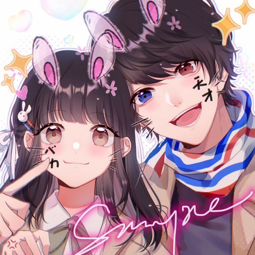1boy 1girl anger_vein animal_ears black_shirt blue_eyes blue_scarf blunt_bangs body_writing bow bowtie brown_coat brown_eyes brown_hair bubble closed_mouth coat collared_coat collared_shirt commission dot_nose drawn_ears drawn_whiskers facepaint false_smile green_bow green_bowtie hair_bow hair_ornament hairclip hand_up happy heads_together heterochromia highres lapels light_blush light_particles lingmu_riku long_hair multicolored_scarf notched_lapels open_clothes open_coat open_mouth original outline polka_dot polka_dot_background purple_outline rabbit_ears rabbit_hair_ornament red_scarf sample_watermark scarf shirt smile sparkle teeth upper_body watermark white_background white_bow white_scarf white_shirt