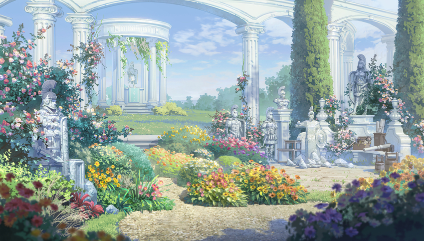 arch architecture bucket bush cloud daisy day flower garden gazebo grass greco-roman_architecture hammer hanxiaodan no_humans orange_flower original outdoors path pavement pillar pink_flower pink_rose plant purple_flower red_flower red_rose road rock rose saw scenery scroll statue toolbox tree vines white_flower yellow_flower