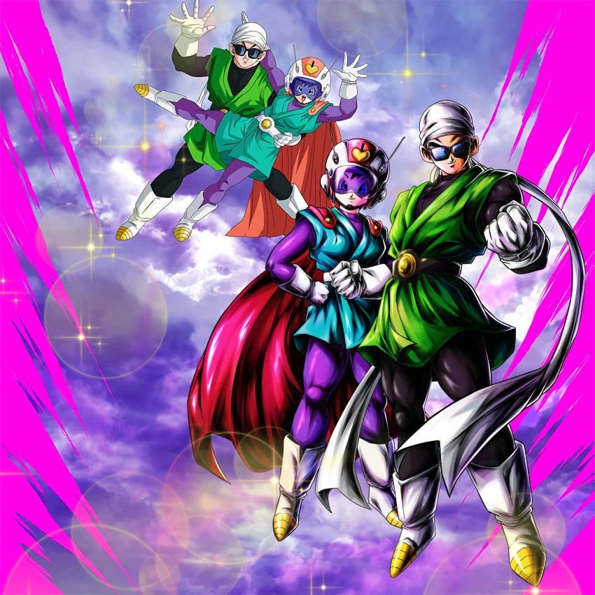 1boy 1girl bandana cape couple dragon_ball dragon_ball_legends great_saiyaman great_saiyaman_2 happy helmet muscular muscular_male official_art smile son_gohan sunglasses videl