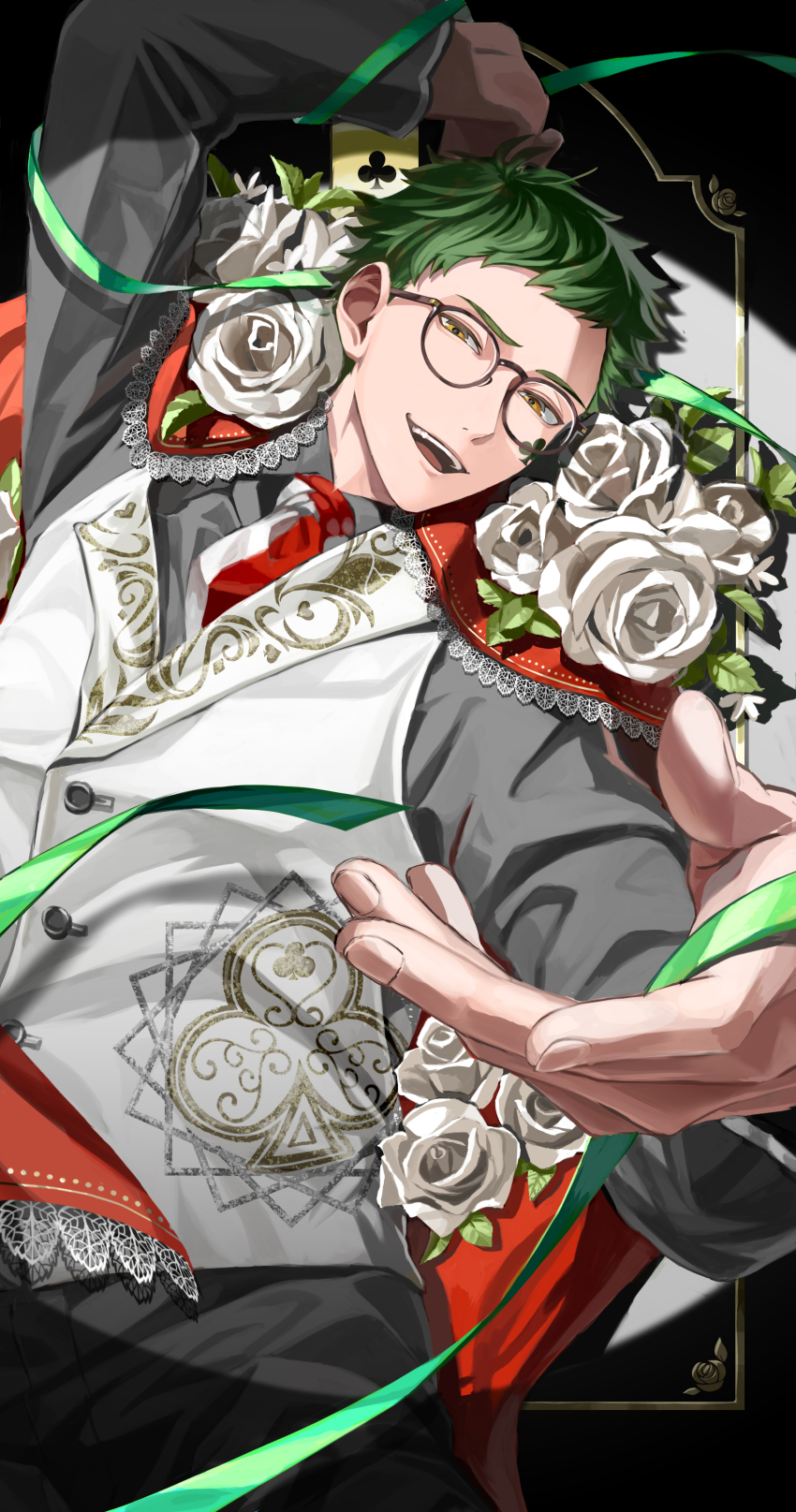 1boy absurdres arm_up chikuwa_glasses commentary_request cowboy_shot flower glasses green_hair grey_shirt highres looking_at_viewer male_focus reaching reaching_towards_viewer rose shirt short_hair solo trey_clover twisted_wonderland vest white_flower white_rose white_vest yellow_eyes