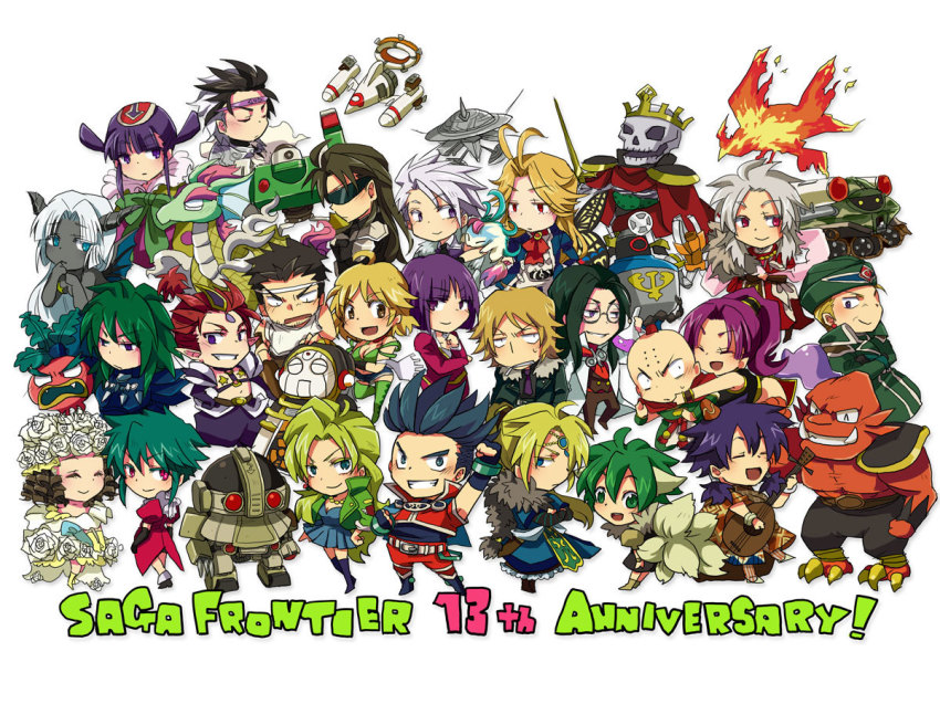 annie_(saga_frontier) anniversary asellus_(saga_frontier) blonde_hair blue_(saga_frontier) blue_eyes breasts brown_hair cleavage commentary_request doll_(saga_frontier) em_crazy emilia_(saga_frontier) everyone fuse_(saga_frontier) gloves leonard_(drag-on_dragoon) liza_(saga_frontier) long_hair lute_(saga_frontier) mecha mei_ling mesarthim multiple_boys multiple_girls princess_white_rose purple_hair rabbit_(saga_frontier) red_(saga_frontier) red_turnip riki_(saga) robot roufas rouge_(saga_frontier) saga saga_frontier short_hair silence_(saga_frontier) smile t260g_(saga) timelord