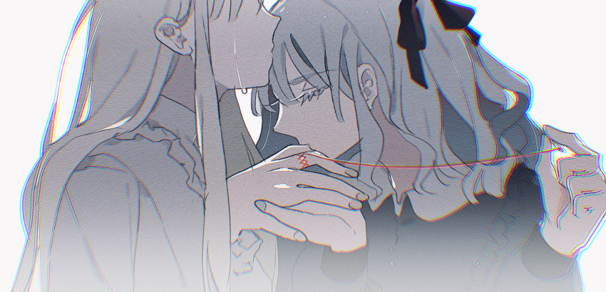 2girls aged_down bang_dream! bang_dream!_it&#039;s_mygo!!!!! black_ribbon blue_hair blue_shirt chromatic_aberration commentary crying finger_in_another&#039;s_mouth green_hair hair_ribbon highres holding_sewing_needle long_hair long_sleeves multiple_girls needle reiboubyou ribbon sewing_needle shirt sidelocks string string_of_fate tears togawa_sakiko wakaba_mutsumi yuri