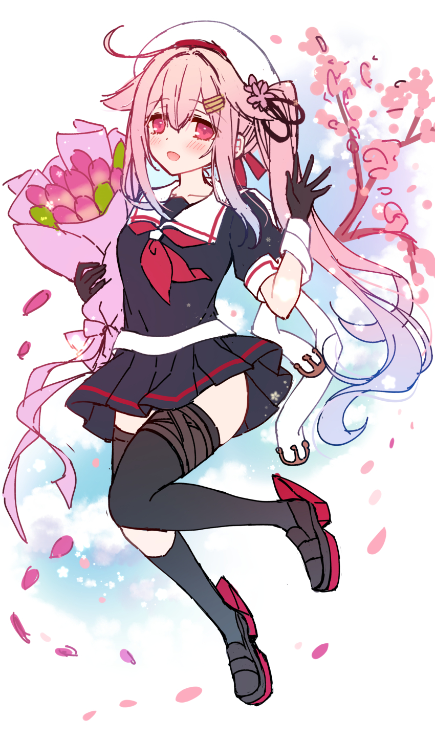 1girl absurdres asymmetrical_legwear beret black_gloves black_serafuku black_shirt black_skirt black_socks black_thighhighs blue_hair bouquet cherry_blossoms commentary_request flower full_body gloves gradient_hair hair_flaps harusame_(kancolle) harusame_kai_ni_(kancolle) hat highres kantai_collection long_hair mismatched_legwear multicolored_hair neckerchief pink_eyes pink_hair pleated_skirt red_neckerchief ringo_sui rudder_footwear sailor_collar sailor_shirt scarf school_uniform serafuku shirt short_sleeves side_ponytail single_thighhigh skirt socks solo thighhighs white_hat white_sailor_collar white_scarf