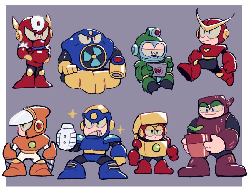 1278mkyp 6+boys air_man arm_cannon bubble_man clenched_teeth commentary_request covered_mouth crash_man crossed_arms drill everyone flash_man green_eyes heat_man helmet highres male_focus mega_man_(classic) mega_man_(series) mega_man_2 metal_man multiple_boys no_mouth plant quick_man robot sitting smile sparkle teeth weapon wood_man