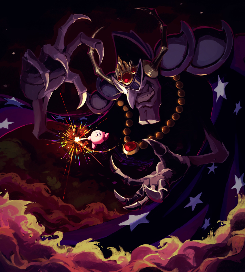 absurdres armor cape cleft_chin frown furrowed_brow glint grin highres jewelry kirby kirby&#039;s_adventure kirby_(series) magic necklace nightmare_(kirby) nintendo pointy_nose shoulder_armor size_difference skeletal_hand smile smoke sparks star_(sky) star_(symbol) star_rod sunglasses suyasuyabi