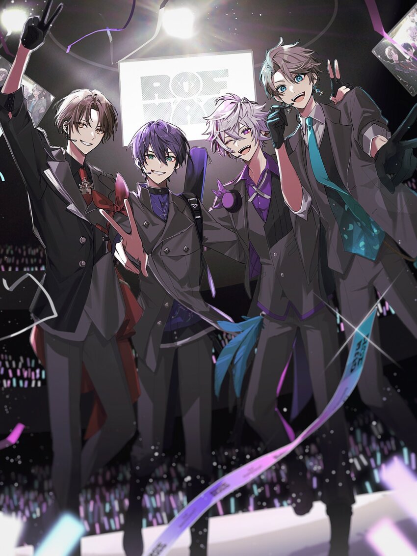 4boys ;d aqua_necktie aqua_vest arm_scarf arm_up black_boots black_gloves black_jacket black_shirt black_shoes black_vest blue_eyes blurry blurry_foreground boots brown_eyes brown_hair buttons collared_shirt commentary_request confetti crossed_bangs crowd earpiece earrings feathers fuwa_minato fuwa_minato_(3rd_costume) gloves glowstick gradient_vest green_eyes grey_hair grey_jacket grey_pants grey_vest grin hair_between_eyes highres jacket jewelry kagami_hayato kagami_hayato_(6th_costume) kaida_haru kaida_haru_(5th_costume) kenmochi_touya kenmochi_touya_(9th_costume) lapels light_particles long_sleeves looking_at_viewer male_focus microphone multicolored_hair multicolored_vest multiple_boys necklace necktie nijisanji official_alternate_costume one_eye_closed open_clothes open_jacket open_mouth outstretched_arm pants parted_bangs pink_hair purple_eyes purple_hair purple_shirt red_necktie rof-mao saw_(dtn_error) screen shirt shoes short_hair smile stage stage_lights standing streaked_hair streamers teeth upper_teeth_only v vest virtual_youtuber weapon_bag white_shirt wing_collar