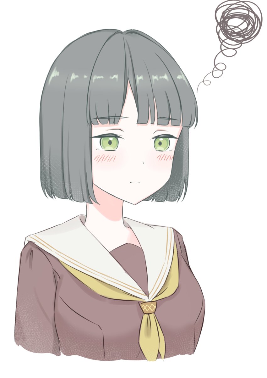 1girl absurdres black_hair blunt_bangs blunt_ends blush bob_cut breasts brown_dress closed_mouth cropped_torso dress frown green_eyes hasu_no_sora_school_uniform highres iroha_(nami3) link!_like!_love_live! long_sleeves love_live! medium_breasts momose_ginko neckerchief sailor_collar sailor_dress school_uniform short_hair simple_background solo split_mouth squiggle virtual_youtuber white_background white_sailor_collar winter_uniform yellow_neckerchief