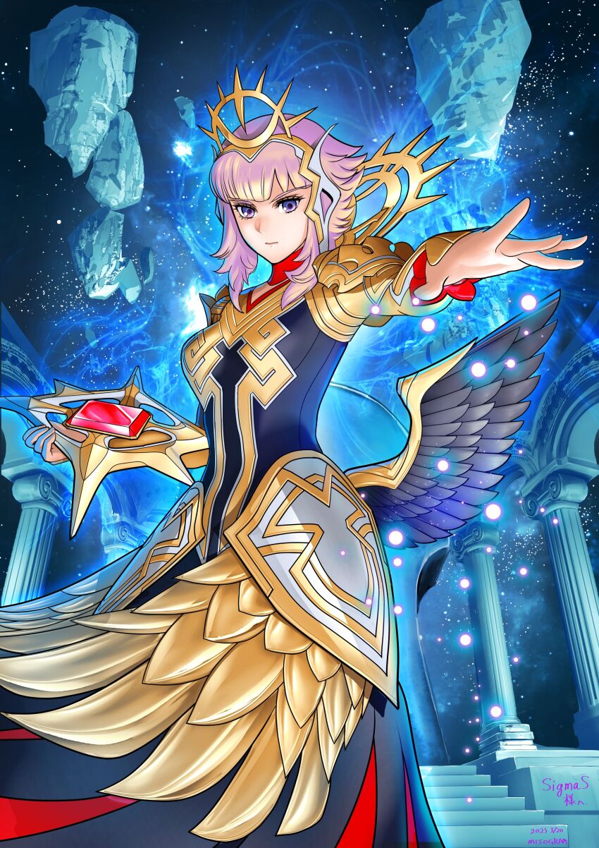 1girl absurdres artist_name black_dress book commentary_request commission dated dress fire_emblem fire_emblem_engage fire_emblem_heroes gold_trim grey_eyes grey_hair hair_ornament highres jewelry long_sleeves misogram nintendo official_alternate_costume reaching reaching_towards_viewer short_hair signature skeb_commission solo veronica_(emblem)_(fire_emblem) veronica_(fire_emblem) veronica_(princess_rising)_(fire_emblem)