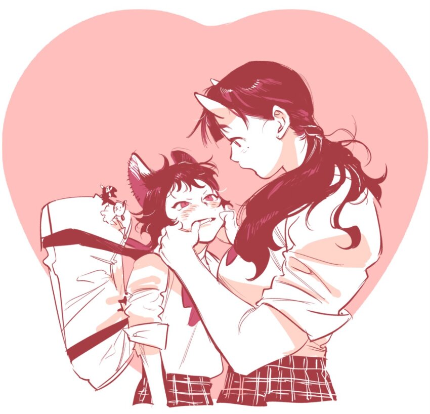 2girls animal_ears atie1225 bag black_hair cat_ears cat_girl chinese_commentary commentary dungeon_meshi hand_in_another&#039;s_mouth horns inutade izutsumi long_hair low_twintails monochrome multiple_girls oni plaid_clothes plaid_skirt red_theme shirt short_hair simple_background skin-covered_horns skirt twintails