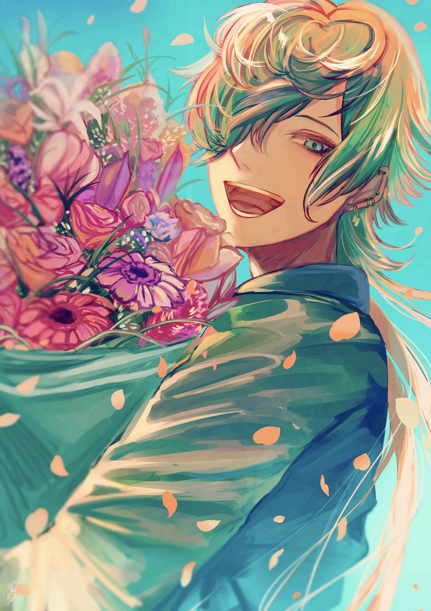 1boy :d absurdres aimono_jyushi blonde_hair blue_background blue_eyes blue_shirt bouquet ear_piercing earrings falling_petals flower hair_over_one_eye highres holding holding_bouquet hypnosis_mic jewelry long_hair looking_at_viewer male_focus open_mouth petals piercing shirt smile solo takai_misa upper_body