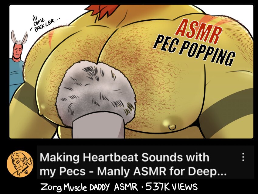 2boys animal_ears asmr bara binaural_microphone english_text head_out_of_frame highres large_pectorals male_focus mature_male microphone monster_boy multiple_boys muscular muscular_male nipples onlytusks orc original pectoral_focus pectorals photo-referenced rabbit_ears short_hair solo_focus thick_back_hair thick_chest_hair upper_body video_thumbnail youtube zorg_(onlytusks)