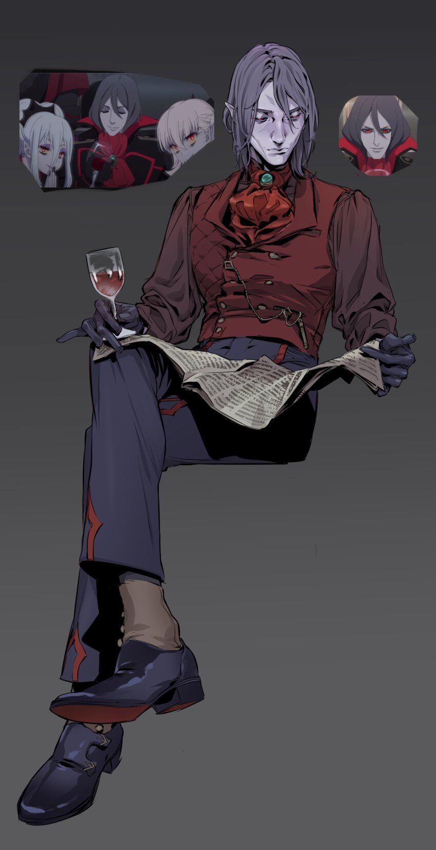 1boy absurdres anime_screenshot_inset ascot black_gloves blue_pants crossed_legs cup drinking_glass gloves highres holding holding_cup holding_newspaper long_sleeves male_focus medium_hair newspaper pants pointy_ears reading red_ascot red_eyes red_vest screenshot_inset siriusdraws sitting tenrou:_sirius_the_jaeger vest wine_glass yevgraf
