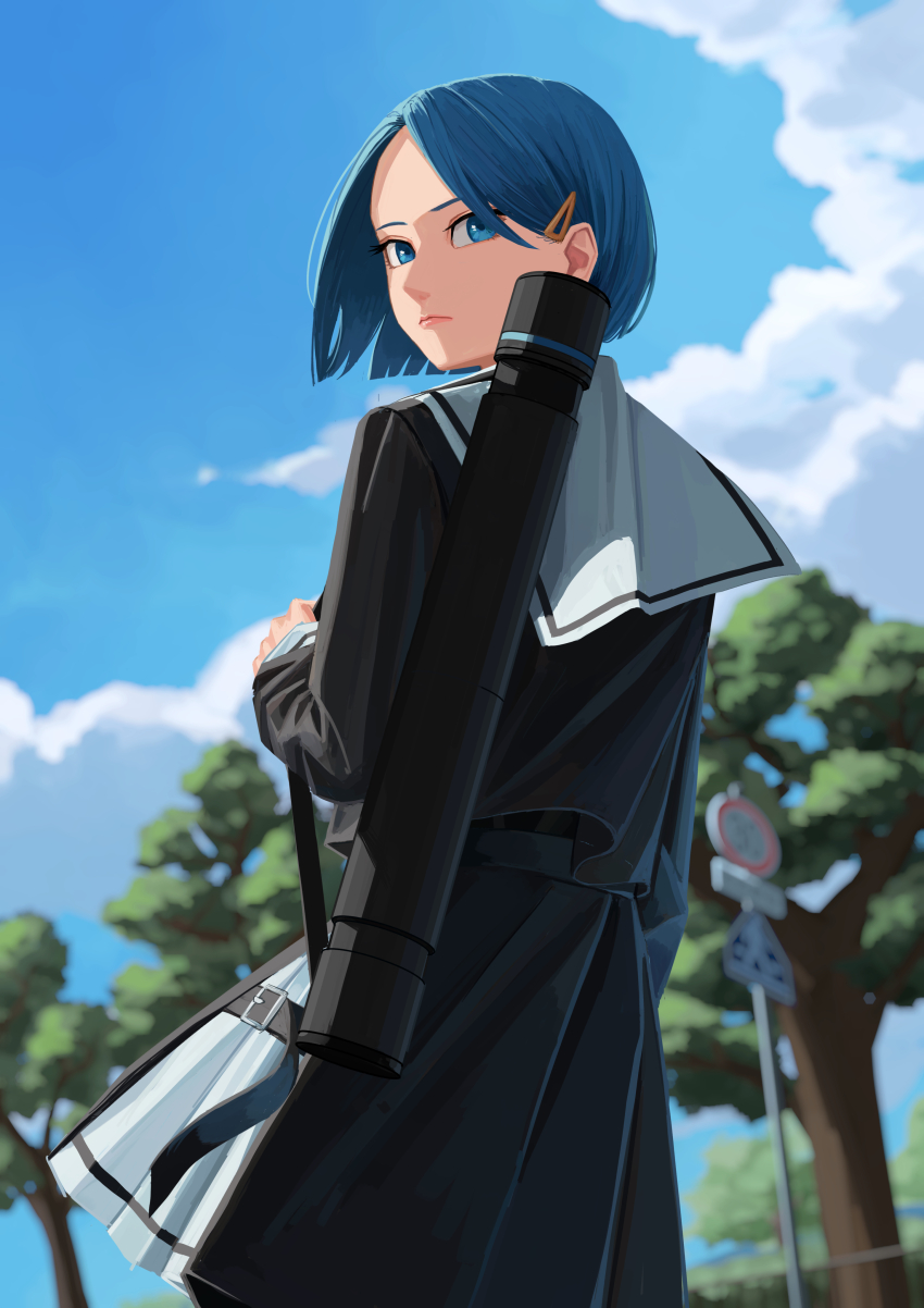 1girl absurdres black_shirt black_skirt blue_eyes blue_hair blue_sky closed_mouth cloud day hair_ornament hairclip highres nemo_ringo original road_sign school_uniform serafuku shirt short_hair sign skirt sky solo tree
