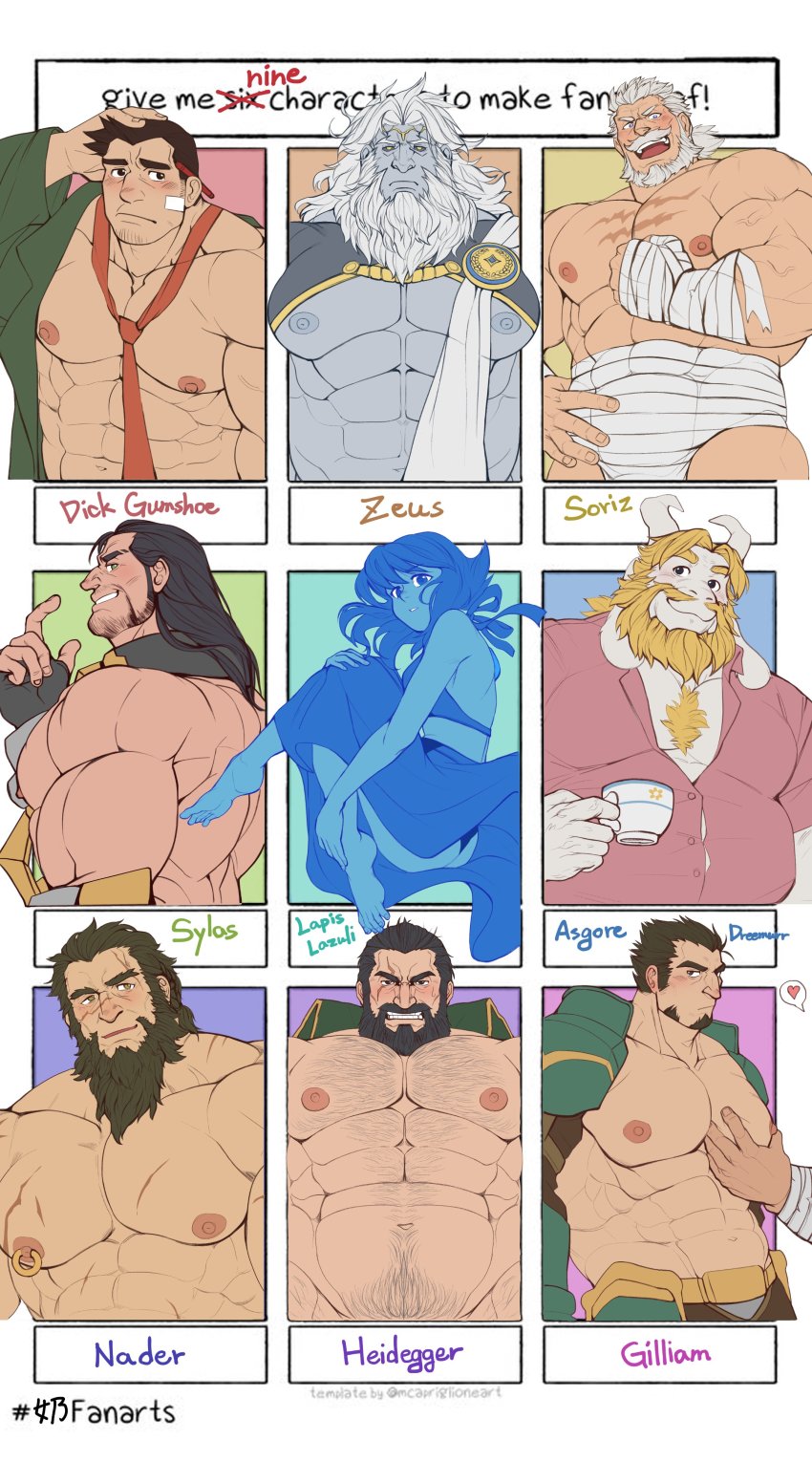 1girl 6+boys abs absurdres ancient_greek_clothes asgore_dreemurr bandages bandaid bandaid_on_cheek bandaid_on_face bara bare_pectorals beard beckoning blue_dress blue_sclera blue_skin blush brown_hair bulge bursting_pectorals character_request colored_sclera colored_skin copyright_request cowboy_shot dark-skinned_male dark_skin dick_gumshoe dress facial_hair fate_(series) final_fantasy final_fantasy_vii fire_emblem furry furry_male gilliam_(fire_emblem) glensaru granblue_fantasy greco-roman_clothes groping hairy hand_on_own_hip heart heidegger_(ff7) highres jacket lapis_lazuli_(gemstone) lapis_lazuli_(steven_universe) large_pectorals long_hair mature_male monster_boy multiple_boys multiple_drawing_challenge muscular muscular_male mustache nader_(fire_emblem) navel navel_hair necktie nintendo nipple_piercing nipple_rings nipples object_behind_ear old old_man open_clothes open_jacket pectoral_cleavage pectoral_grab pectorals piercing pink_shirt sash scar scar_across_eye scar_on_chest scar_on_face scar_on_nose shirt short_hair shrug_(clothing) sideburns six_fanarts_challenge smile soriz spoken_heart steven_universe stomach stubble sylas undertale utdr_(toby_fox) white_hair yaoi zeus_(fate)