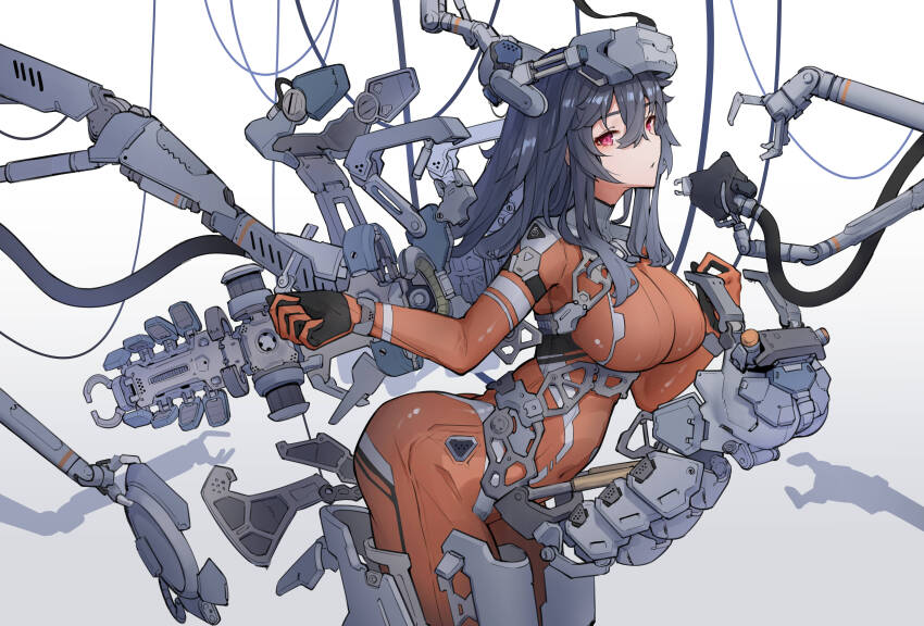 1girl absurdres android ass black_hair bodysuit breasts cowboy_shot highres large_breasts long_hair looking_at_viewer mecha_musume original red_eyes ringobatake skin_tight solo