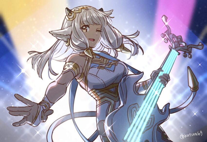 animal_ears ash_(fire_emblem) bare_shoulders breasts cow_ears cow_girl cow_horns cow_tail electric_guitar fire_emblem fire_emblem_heroes guitar highres horns instrument katsura_ichiho medium_breasts nintendo one_eye_closed solo stage tail white_hair yellow_eyes
