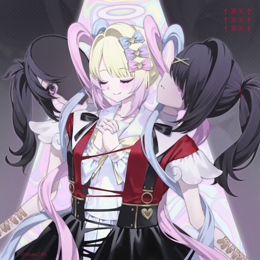 2girls aegyo_sal ame-chan_(needy_girl_overdose) bandaid bandaid_on_arm bisected black_eyes black_hair blank_stare blonde_hair blue_hair blue_serafuku bow chest_bow chouzetsusaikawa_tenshi-chan closed_eyes collarbone colored_tips dual_persona ebae2006 hair_bow hair_ornament hair_over_one_eye halo highres multicolored_hair multiple_girls multiple_hair_bows neck_ribbon needy_girl_overdose outstretched_arms own_hands_together pink_hair praying quad_tails red_shirt ribbon school_uniform serafuku shirt short_twintails skirt smile spotlight suspender_skirt suspenders transformation twintails upper_body wide-eyed winged_sleeves x_hair_ornament