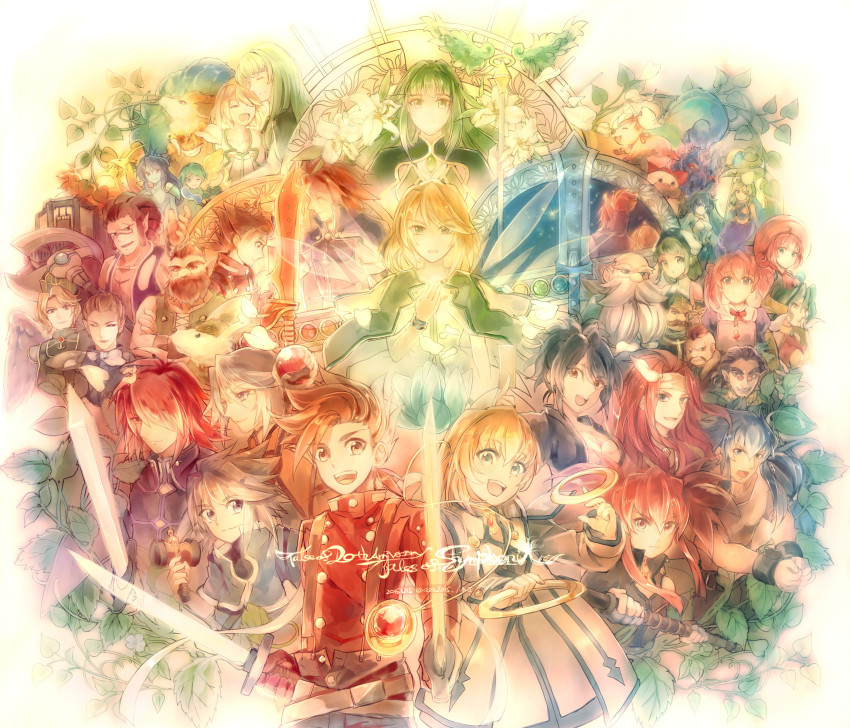 00s 6+boys 6+girls absurdres alicia_combatir altessa_(tales_of_symphonia) anna_irving bald beard belt blonde_hair blue_hair botta breasts brown_hair celsius_(tales) cleavage colette_brunel corrine creature dirk_(tales) dress dwarf everyone facial_hair flower forcystus fujibayashi_sheena genius_sage gnome_(tales) green_hair hair_over_one_eye happy highres kratos_aurion kvar lloyd_irving long_hair looking_at_viewer luna_(tales) magnius martel_yggdrasill mithos_yggdrasill multiple_belts multiple_boys multiple_girls mustache noishe pointy_ears pope_of_tethe&#039;alla presea_combatir pronyma red_hair red_shirt raine_sage regal_bryant remiel rodyle seles_wilder shirt smile suspenders sword sylph_(tales) tabatha_(tales_of_symphonia) tagme tales_of_(series) tales_of_symphonia twintails undine_(tales) verius_(tales) vharley volt_(tales) weapon yuan_ka-fai zelos_wilder