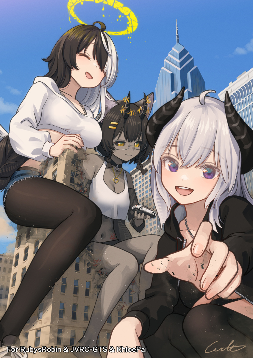 3girls absurdres ahoge black_hair breasts closed_eyes colored_skin commentary_request commission crop_top dark_skin giant giantess grey_skin halo highres horns long_hair medium_breasts multicolored_hair multiple_girls original pantyhose purple_eyes shorts skeb_commission small_breasts smile welt_(kinsei_koutenkyoku) white_hair yellow_eyes