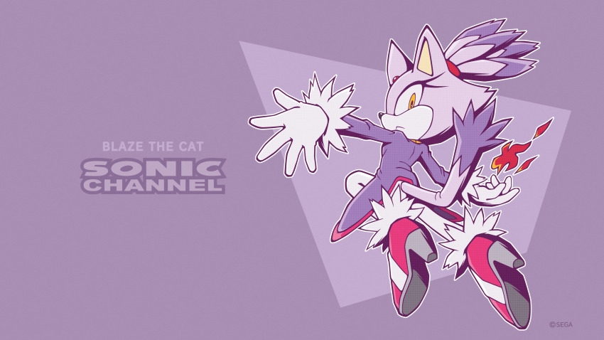 1girl absurdres animal_ears blaze_the_cat cat_ears cat_girl cat_tail character_name fire forehead_jewel fur-trimmed_gloves fur-trimmed_shoes fur_trim furry furry_female gloves high_heels highres official_art ponytail purple_background purple_fur sonic_(series) sonic_the_hedgehog_official tail uekawa_yuji white_gloves yellow_eyes