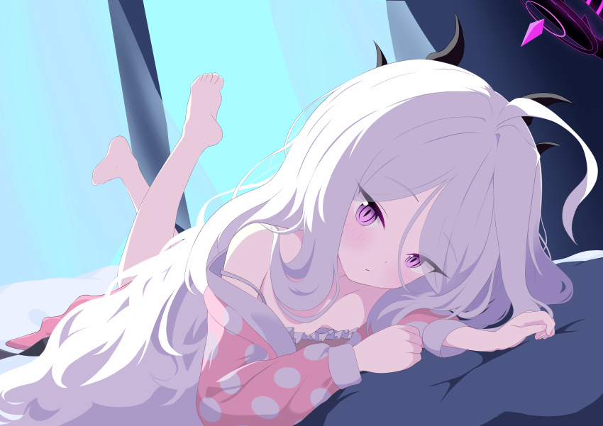 1girl absurdres ahoge black_halo blue_archive blush breasts demon_girl demon_horns demon_wings halo highres hina_(blue_archive) hina_(pajamas)_(blue_archive) horns loli long_hair lying natsukage_ao off_shoulder pajamas pink_pajamas purple_eyes small_breasts solo white_hair wings