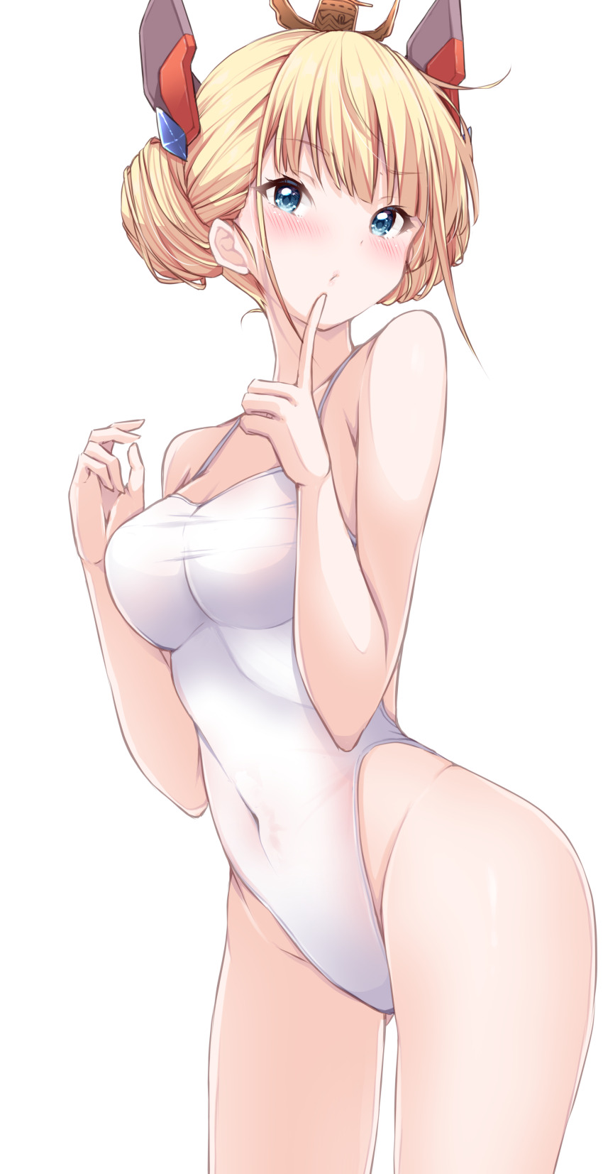 1girl absurdres alternate_costume azur_lane blonde_hair blue_eyes blush breasts commentary commentary_request commission competition_swimsuit covered_navel cowboy_shot double_bun english_commentary finger_to_mouth hair_bun hair_ornament hand_up headgear highleg highleg_one-piece_swimsuit highres index_finger_raised le_triomphant_(azur_lane) looking_at_viewer medium_breasts mikuchi3939 mixed-language_commentary one-piece_swimsuit pixiv_commission simple_background solo swimsuit thighs white_background