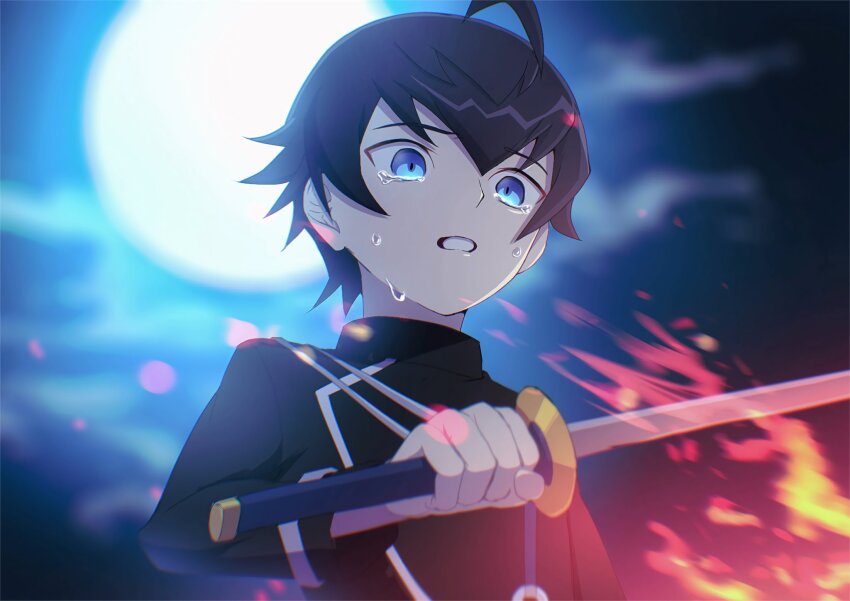 1boy after_battle ahoge atltax_00 battle black_coat black_hair blue_eyes clenched_teeth coat crying crying_with_eyes_open dappled_moonlight embers facing_to_the_side fire highres holding holding_sword holding_weapon light_particles looking_down looking_to_the_side male_focus moon moonlight night night_sky outdoors sky sougetsu_manabu streaming_tears sweatdrop sword teardrop tears teeth weapon white_trim yu-gi-oh! yu-gi-oh!_go_rush!!
