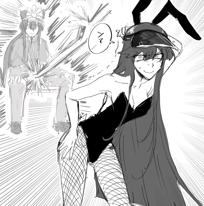 1boy 1girl ahoge animal_ears arm_behind_head armpits aroused bent_over black_footwear black_hair black_leotard boots breasts brother_and_sister cape cleavage collarbone constricted_pupils emphasis_lines erection explosion_gag fake_animal_ears fake_tail fate/grand_order fate_(series) furrowed_brow hair_between_eyes hand_on_own_thigh hands_on_own_knees hat hetero highleg highleg_leotard highres incest jacket leotard light_blush long_hair low_ponytail maeyakara000 medium_breasts military_uniform monochrome motion_lines oda_nobukatsu_(fate) oda_nobunaga_(fate) oda_nobunaga_(koha-ace) pants playboy_bunny ponytail rabbit_ears rabbit_tail serious sexually_suggestive shako_cap siblings sidelocks sitting smile speech_bubble strapless strapless_leotard surprised sweat sweatdrop tail trembling v-shaped_eyebrows very_long_hair visor_cap