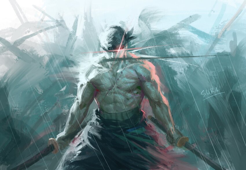 1boy bandana black_bandana cowboy_shot glint glowing glowing_eyes haramaki highres katana male_focus mouth_hold muscular muscular_male one_eye_in_shadow one_piece red_eyes red_light roronoa_zoro scar scar_across_eye scar_on_chest scar_on_face solo standing suracii sword topless_male triple_wielding weapon weapon_in_mouth
