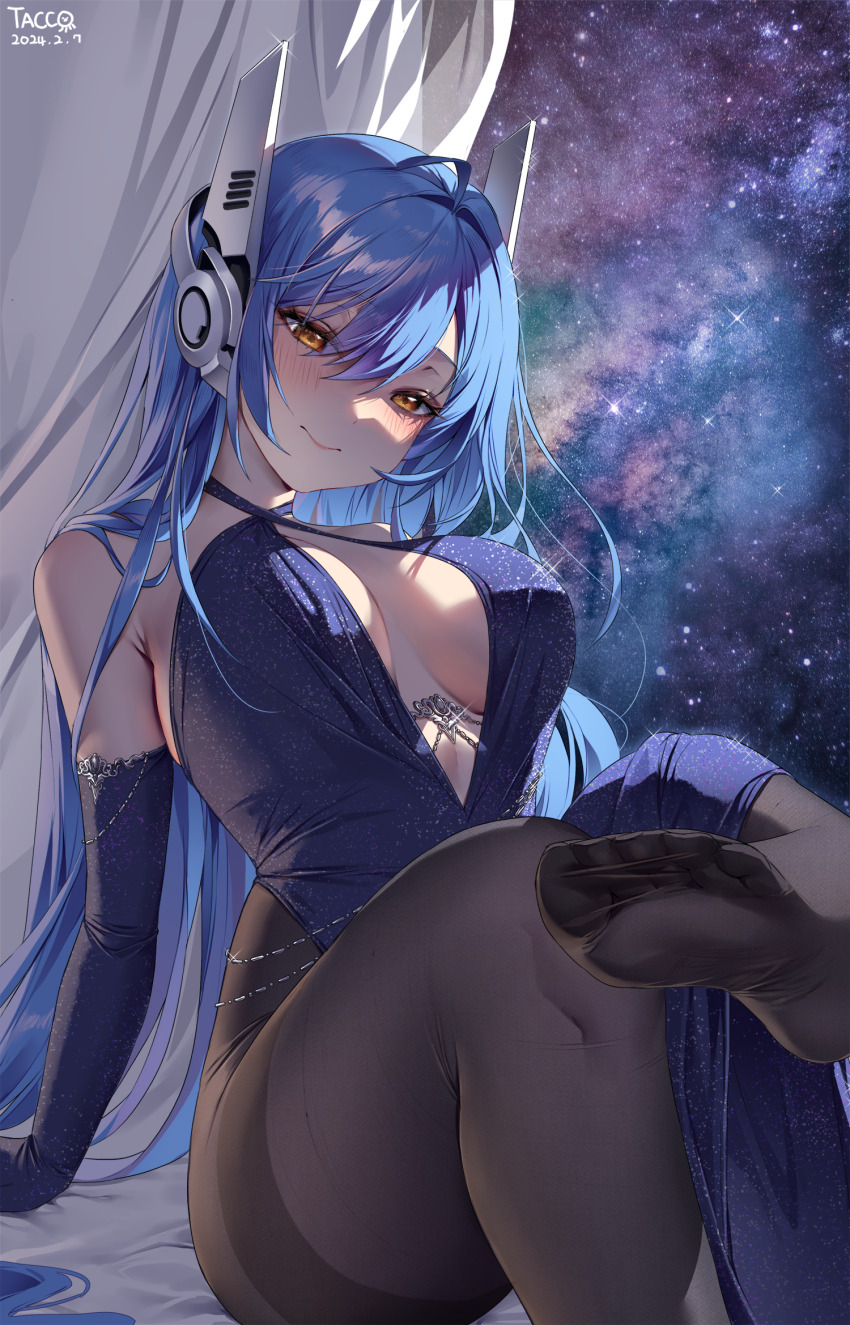 1girl artist_name bare_shoulders black_pantyhose blue_dress blue_gloves blue_hair blush breasts cleavage closed_mouth commentary commission dated dress elbow_gloves english_commentary feet girls&#039;_frontline gloves highres large_breasts long_hair looking_at_viewer night pantyhose pixiv_commission sitting smile soles solo tacco_(tikeworld) tar-21_(girls&#039;_frontline) thighband_pantyhose thighs yellow_eyes