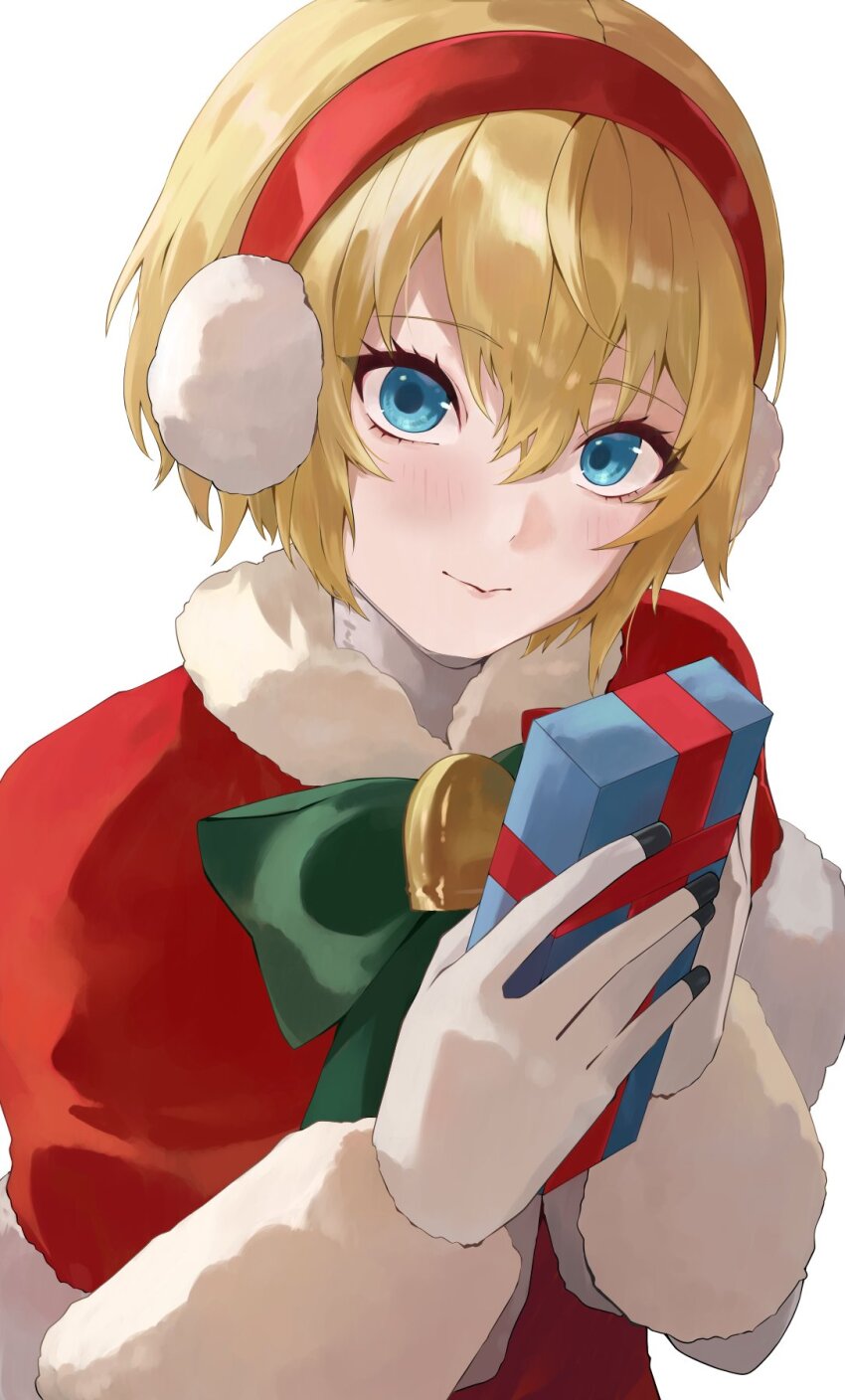 1girl aigis_(persona) blonde_hair blue_eyes blush box capelet christmas earmuffs fur-trimmed_capelet fur_trim gift gift_box highres holding holding_gift konchi_(63438789) looking_at_viewer persona persona_3 santa_capelet santa_costume short_hair simple_background upper_body white_background