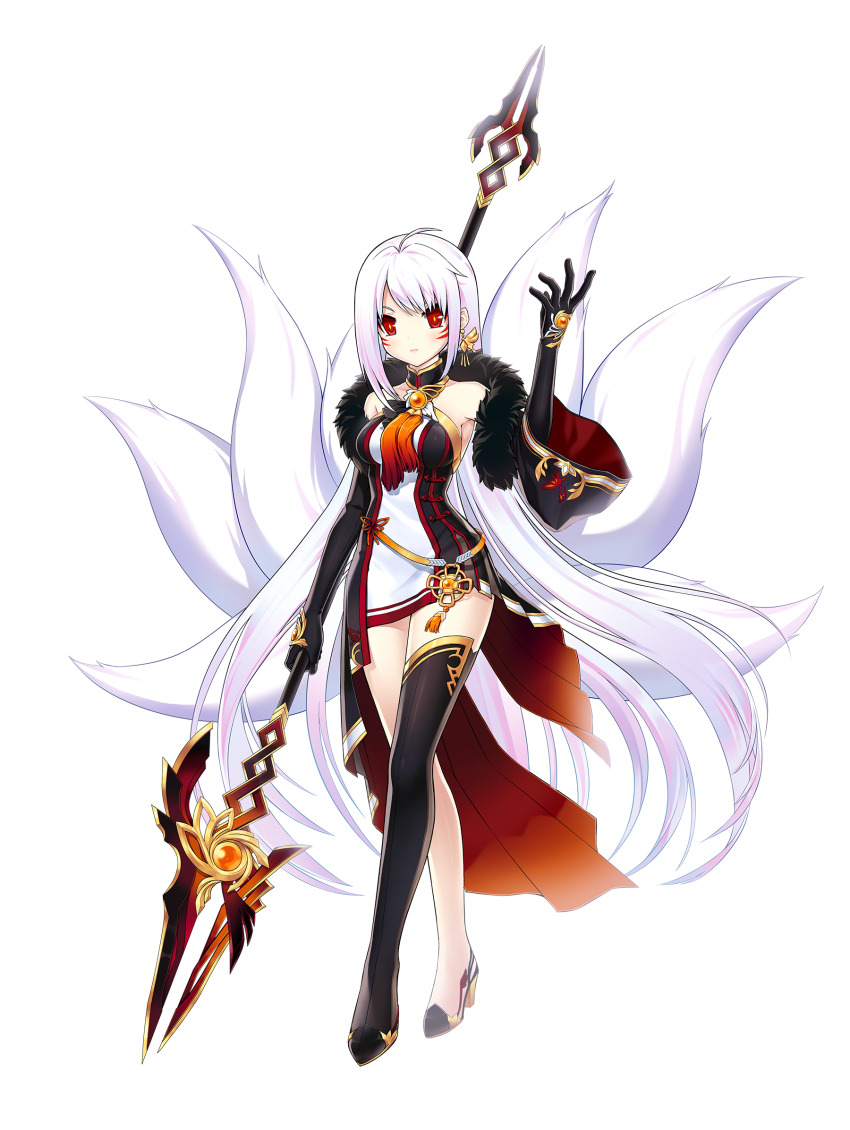 1girl albino ara_haan ara_haan_(celestial_fox) ara_han asymmetrical_clothes black_gloves black_thighhighs earrings elbow_gloves elsword expressionless feather_boa fox_tail full_body game_cg gloves highres holding_behind_back holding_polearm holding_polearm_behind_back holding_weapon holding_weapon_behind_back jewelry long_hair miniskirt multiple_tails non-web_source official_art polearm red_eyes sando_(dukedevil) second-party_source shoes single_thighhigh skirt solo spear standing tachi-e tail thighhighs very_long_hair weapon white_hair yama_raja_(elsword)