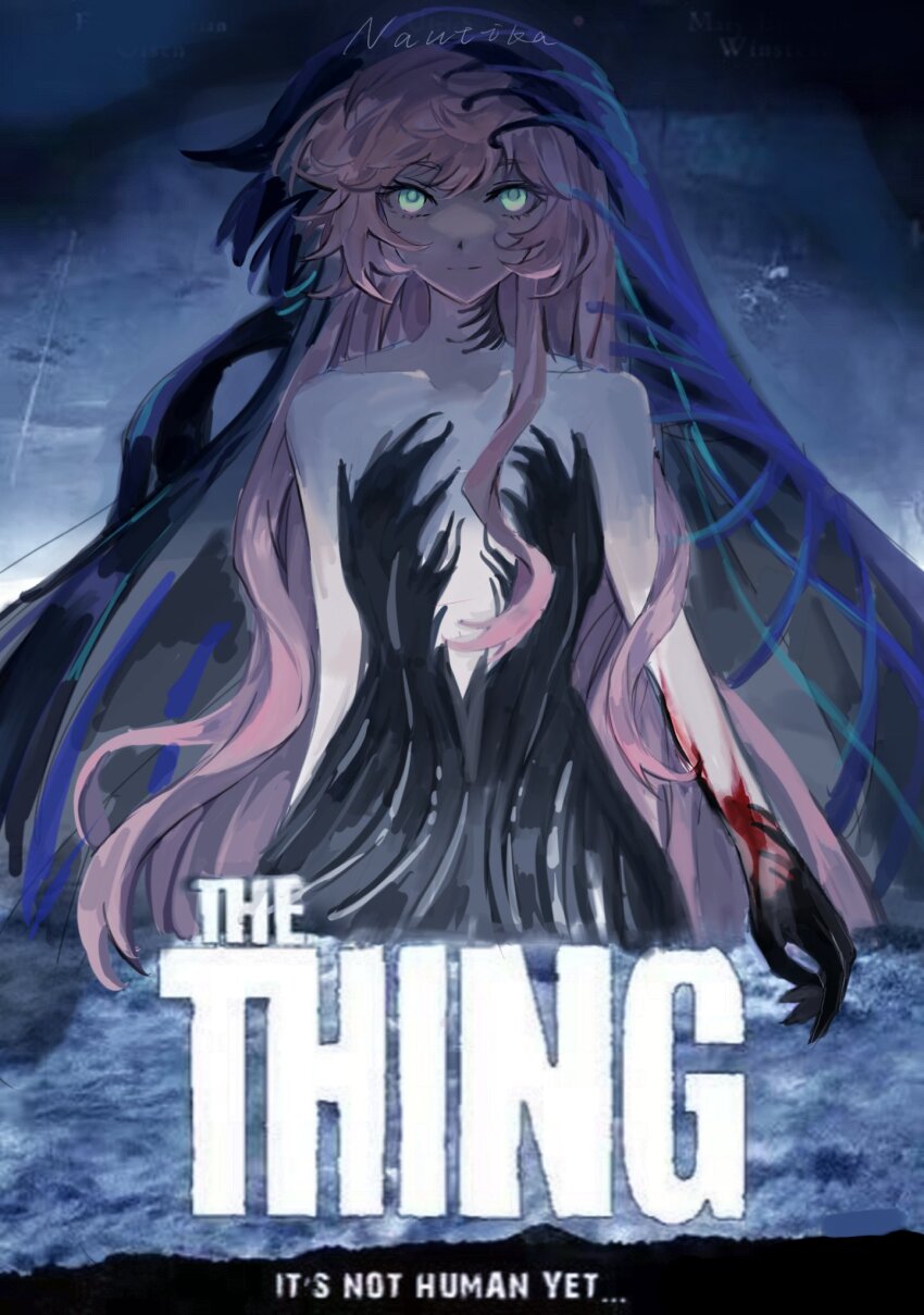 1girl akina_(akatsuki1218000) black_dress black_gloves blank_stare blood blood_on_hands dress english_text gloves green_eyes highres light_smile long_hair low-cut movie_poster nautika_(reverse:1999) pale_skin pink_hair reverse:1999 the_thing upper_body veil