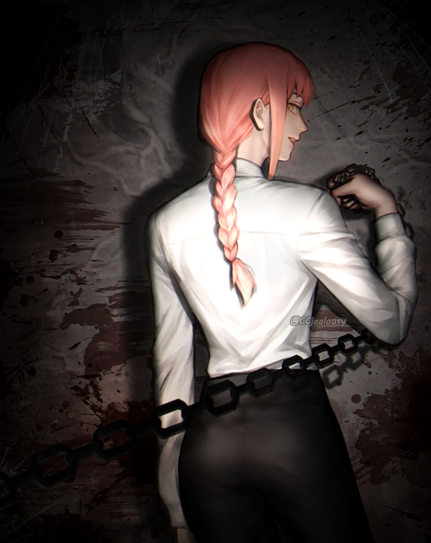 1girl absurdres artist_name ass back black_pants blood blood_splatter braid braided_ponytail chain chainsaw_man commentary cowboy_shot czy_(2894456992) dated dress_shirt eyelashes from_behind grin highres holding holding_chain long_hair long_sleeves looking_at_viewer looking_back makima_(chainsaw_man) orange_eyes pants red_hair revision shirt shirt_tucked_in smile solo twitter_username watermark white_shirt