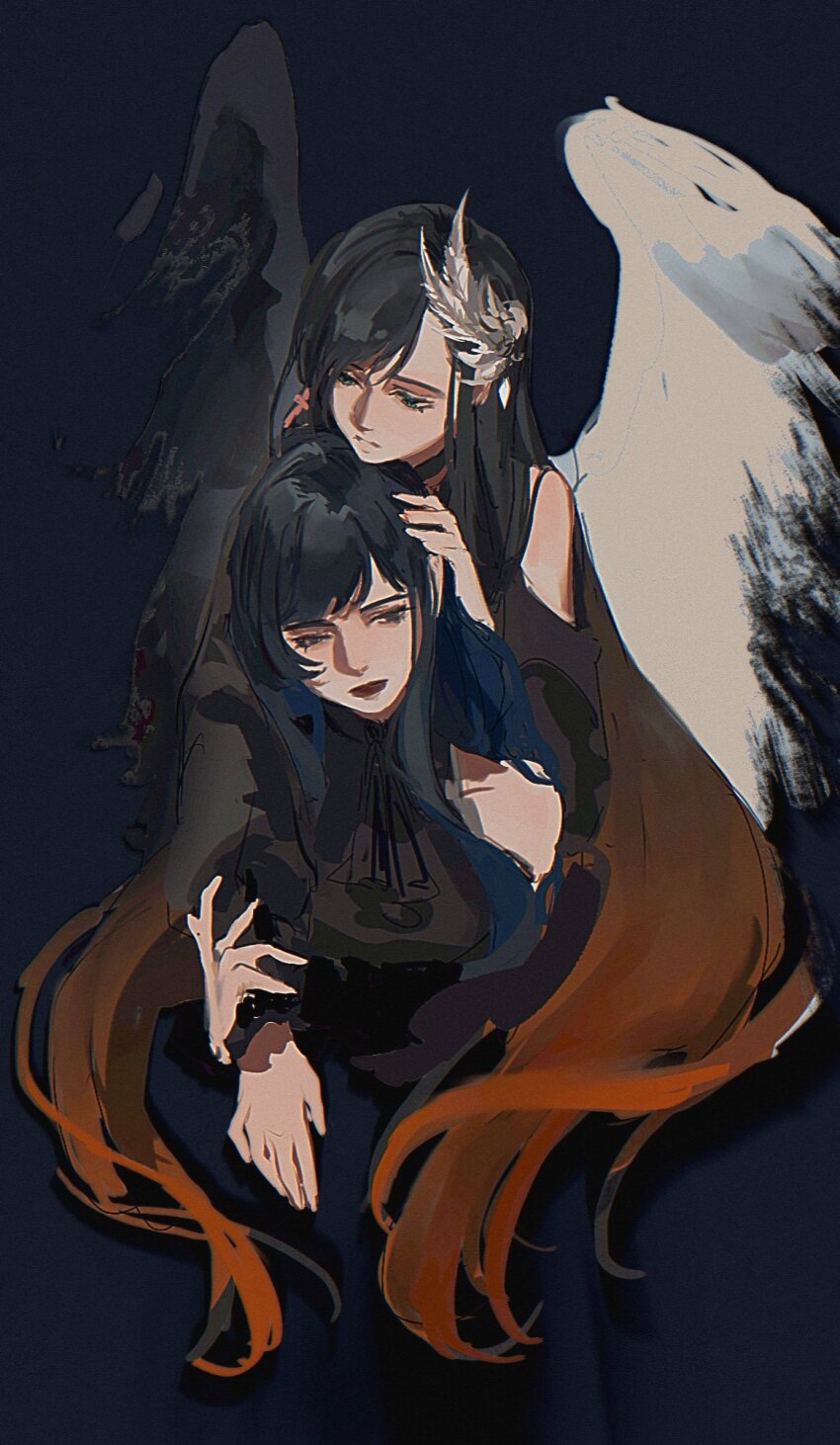 2girls alternate_hair_color ascot black_ascot black_eyes black_hair blue_background cropped_torso dual_persona feather_hair_ornament feathers final_fantasy final_fantasy_xiv fusion gaia_(ff14) gradient_hair hair_ornament hand_on_another&#039;s_head highres hyur long_hair mitron_(ff14) multicolored_hair multiple_girls pandora_(ff14) possessed possession ryne_waters simple_background square_enix two-tone_hair upper_body wings xiao_dao_(kojimarie)