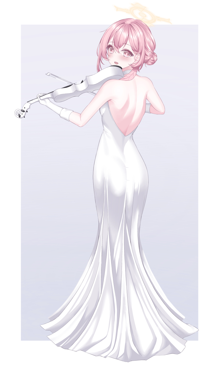 1girl :d absurdres alternate_costume alternate_hairstyle amerika_neko back bare_shoulders blue_archive blush border bright_pupils commentary dress eyelashes feather_hair formal_clothes from_behind full_body gloves grey_background hair_behind_ear hair_between_eyes halo highres holding holding_instrument holding_violin instrument long_dress looking_at_viewer looking_back medium_hair no_headwear open_mouth outside_border pink_eyes pink_hair serina_(blue_archive) shoulder_blades simple_background smile solo standing strapless strapless_dress violin white_border white_dress white_gloves yellow_halo