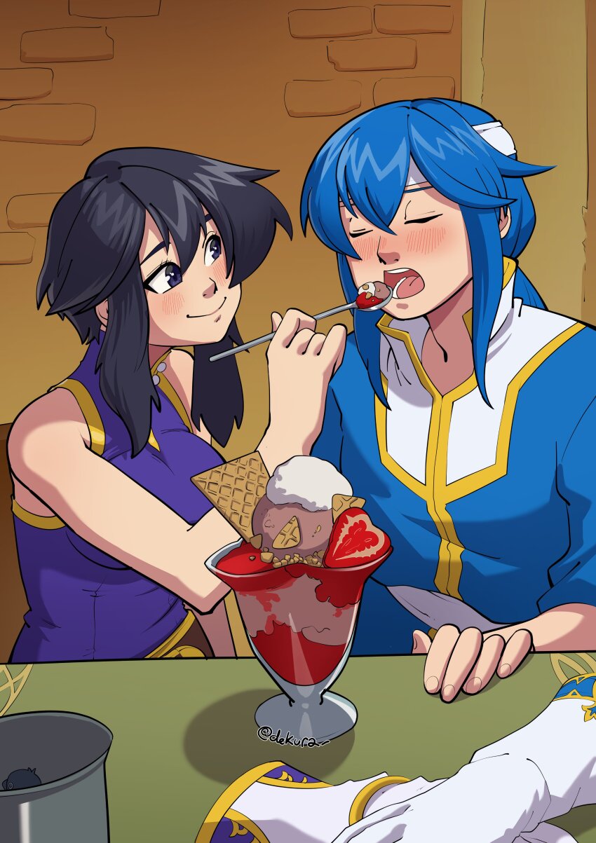 1boy 1girl absurdres bare_shoulders black_hair blue_hair blush closed_eyes commission commissioner_upload couple dekura dessert eating feeding fire_emblem fire_emblem:_genealogy_of_the_holy_war food fruit gloves headband hetero highres holding holding_spoon ice_cream larcei_(fire_emblem) long_hair looking_at_another nintendo open_mouth popped_collar purple_tunic seliph_(fire_emblem) short_hair sidelocks sitting sleeveless smile spoon strawberry sundae table tunic whipped_cream white_headband