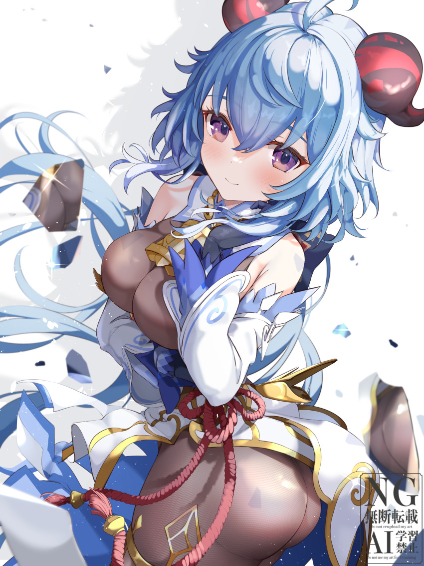 1girl absurdres ahoge ass black_gloves blue_hair bodysuit breasts brown_bodysuit brown_pantyhose closed_mouth detached_sleeves ganyu_(genshin_impact) genshin_impact gloves gold_trim highres horns large_breasts leotard leotard_under_clothes momiji_akiba pantyhose purple_eyes smile solo watermark white_background white_sleeves