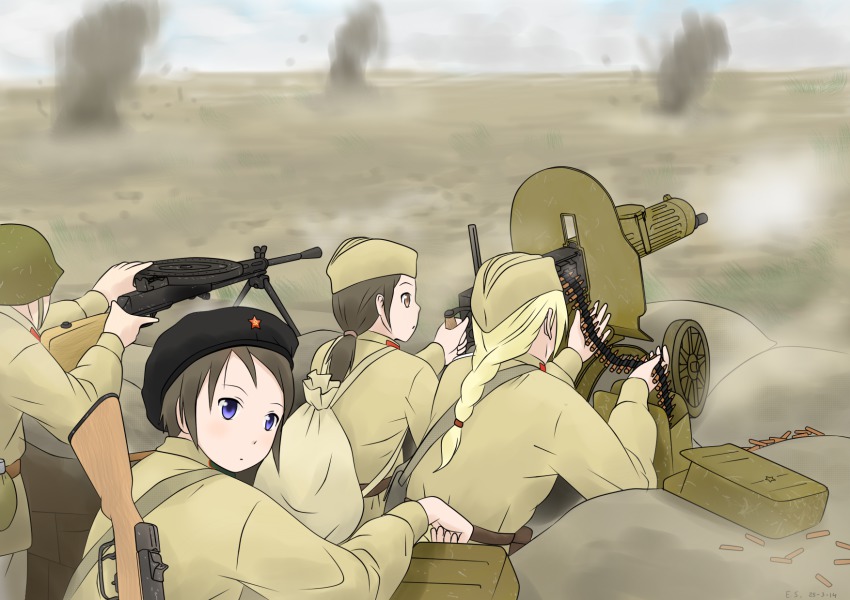 3girls :o ammunition ammunition_belt ammunition_box artist_name bag beret braid brown_eyes dated degtyaryov_machine_gun dp-27 drum_magazine explosion firing garrison_cap gun gun_sling hammer_and_sickle hat heavy_machine_gun helmet high-capacity_magazine highres horizon light_machine_gun long_hair looking_at_viewer looking_away looking_back machine_gun magazine_(weapon) mardjan maxim_gun military military_uniform multiple_girls original pan_magazine ponytail ppsh-41 purple_eyes red_star russia sack shell_casing short_hair single_braid soldier star_(symbol) submachine_gun war weapon world_war_ii