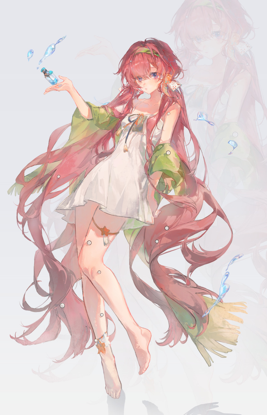 1girl absurdres anklet bare_legs bare_shoulders barefoot blue_eyes bottle capelet closed_mouth dress foot_up full_body green_capelet green_hairband grey_background hairband hand_up highres jewelry linghuizi long_hair looking_at_viewer low_twintails official_alternate_costume red_hair reverse:1999 sleeveless sleeveless_dress solo spaghetti_strap standing standing_on_one_leg twintails very_long_hair water_drop white_dress yenisei_(around_the_riverbend)_(reverse:1999) yenisei_(reverse:1999) zoom_layer