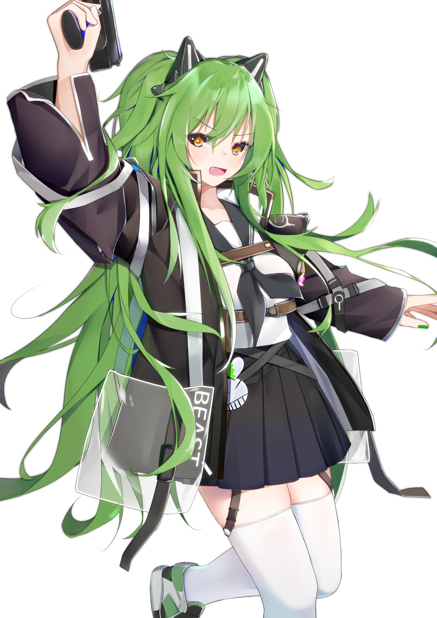 1girl absurdres animal_ears calico_light_weapons_systems calico_m950 calico_m950a cheek_pistol double-stack_magazine fake_animal_ears girls&#039;_frontline green_hair gun handgun helical_magazine high-capacity_magazine highres holding holding_gun holding_weapon jacket kotoha_(kotoha65) long_hair m950a_(girls&#039;_frontline) m950a_(mod3)_(girls&#039;_frontline) machine_pistol mod3_(girls&#039;_frontline) open_mouth pistol school_uniform skindentation solo standing standing_on_one_leg thighhighs very_long_hair weapon white_background white_thighhighs yellow_eyes