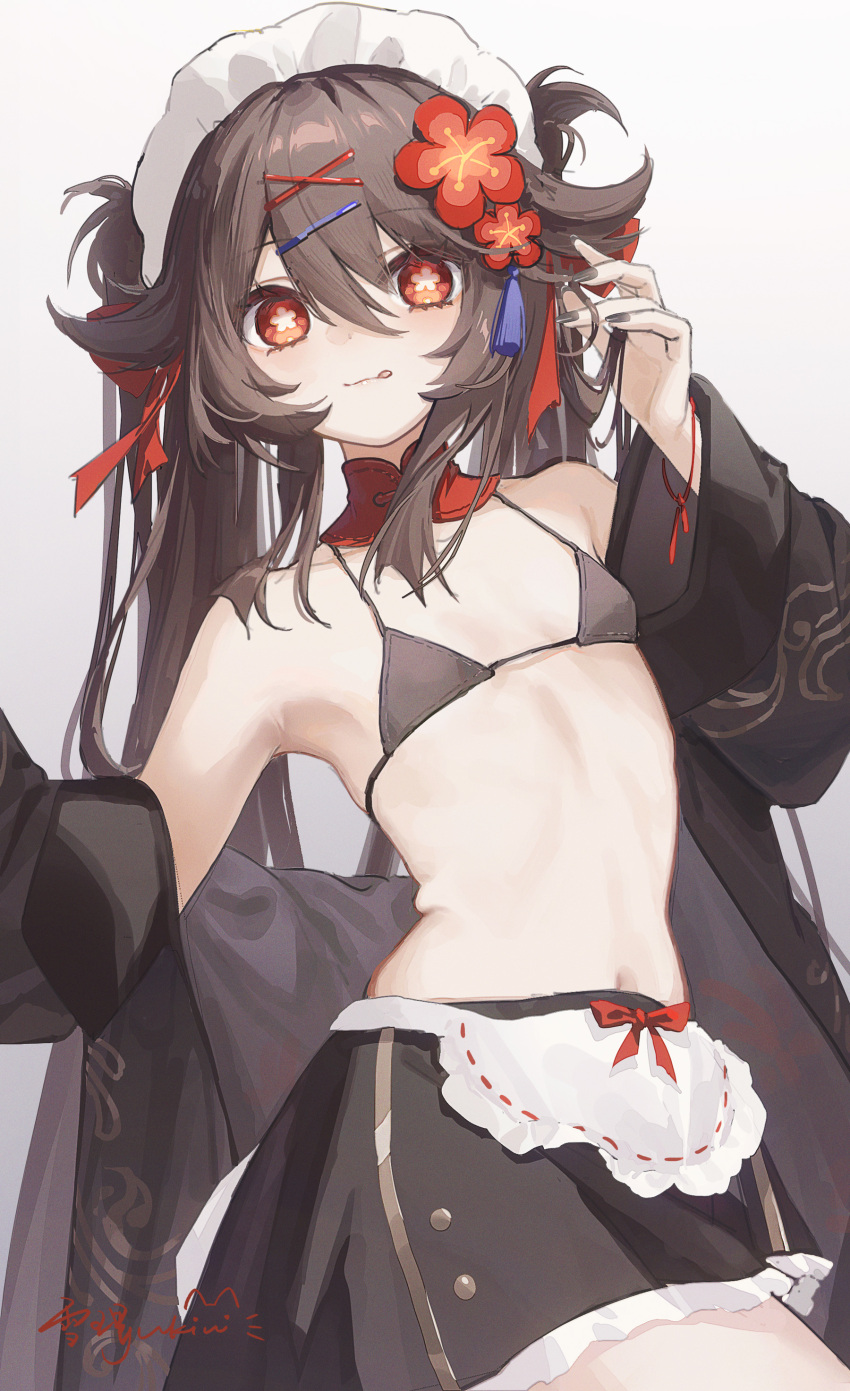 1girl :q absurdres alternate_costume apron bikini bikini_top_only brown_hair brown_nails chinese_commentary commentary_request cowboy_shot detached_collar enmaided flat_chest flower flower-shaped_pupils frilled_apron frills genshin_impact hair_between_eyes hair_flower hair_ornament hair_ribbon hairclip highres hu_tao_(genshin_impact) long_hair looking_at_viewer maid maid_headdress nail_polish navel open_clothes red_eyes red_flower red_ribbon ribbon signature solo swimsuit symbol-shaped_pupils tongue tongue_out unconventional_maid white_apron white_headdress yukiri_(l_ii)