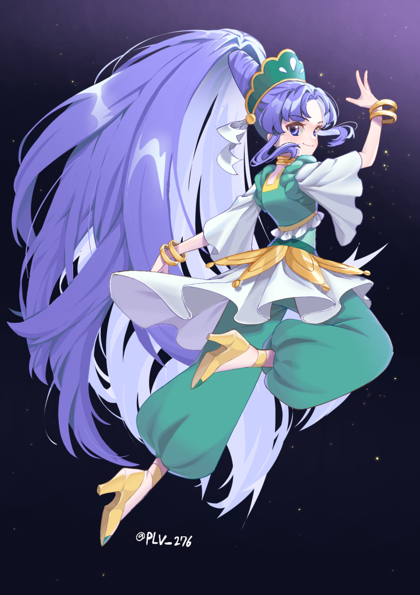 1girl arabian_clothes bracelet choker closed_mouth cure_fortune cure_fortune_(pine_arabian) curtained_hair full_body green_pants hair_bun happinesscharge_precure! high_heels high_ponytail highres hikawa_iona jewelry long_hair looking_at_viewer looking_back magical_girl pants parted_bangs plv_276 ponytail precure purple_background purple_eyes purple_hair shoes sidelocks simple_background smile solo twitter_username very_long_hair yellow_choker yellow_shoes