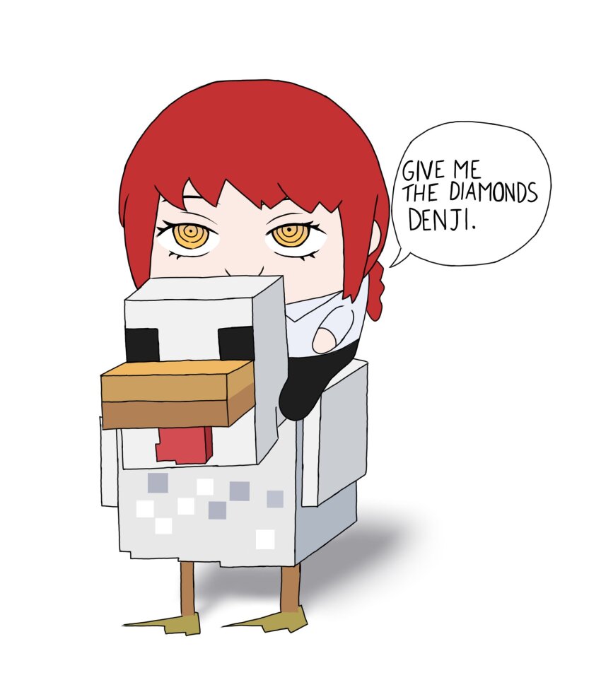 1girl animal bird chainsaw_man chibi chibi_only chicken chicken_(minecraft) english_text highres makima_(chainsaw_man) minecraft miyajiwm red_hair riding riding_animal ringed_eyes simple_background speech_bubble white_background yellow_eyes