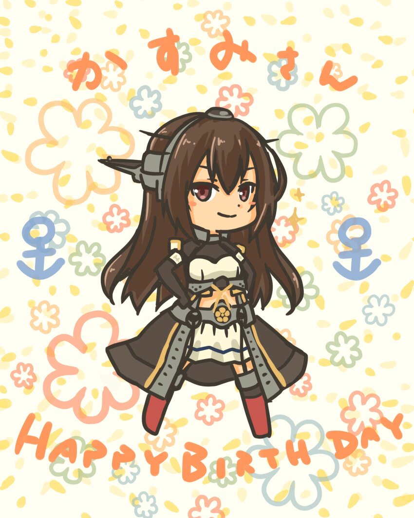 1girl absurdres black_coat black_gloves black_hair brown_eyes chibi coat commentary_request elbow_gloves gloves happy_birthday headgear highres kantai_collection looking_at_viewer midriff nagato_(kancolle) nagato_kai_ni_(kancolle) pot-de red_thighhighs shirt smile solo thighhighs white_shirt