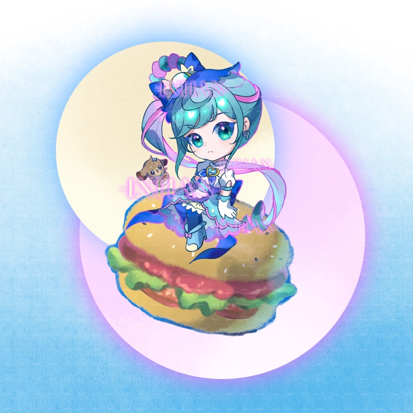 1girl absurdres aqua_eyes aqua_hair artist_name back_bow blue_background blue_boots blue_bow blue_brooch blue_neckerchief blue_pantyhose boots bow braid braided_hair_rings brooch burger buttons chibi closed_mouth collared_shirt cure_spicy delicious_party_precure dog dot_nose dress earrings expressionless eyelashes food footwear_bow frilled_dress frilled_skirt frills fuwa_kokone gloves gradient_background hair_bow hair_rings heart heart_brooch high_collar high_heel_boots high_heels highres inhan jewelry light_blush light_frown long_dress long_hair looking_at_viewer loose_hair_strand magical_girl miniskirt multicolored_hair neckerchief on_food pam-pam pantyhose pink_bow pink_hair pleated_skirt precure puffy_short_sleeves puffy_sleeves shirt short_sleeves side_ponytail single_hair_ring sitting skirt skirt_under_dress solo strapless strapless_dress streaked_hair swept_bangs undersized_animal very_long_hair watermark wavy_hair white_gloves white_shirt yellow_skirt