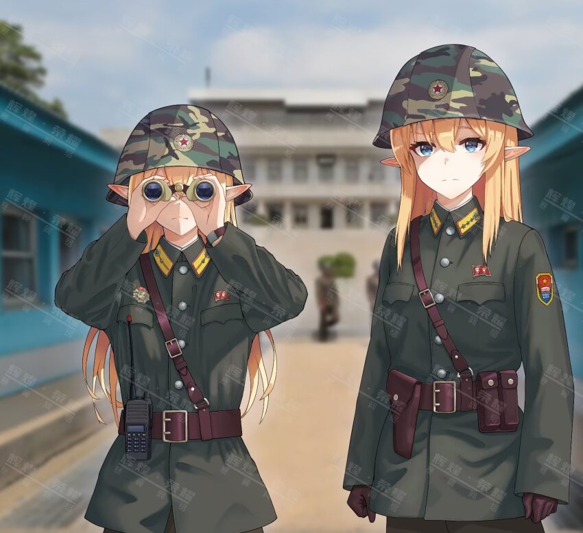 2girls belt binoculars blonde_hair blue_eyes checkpoint elf gloves high_collar highres holding holding_binoculars holster huihuang_rongyao military military_combat_uniform military_uniform multiple_girls north_korea original pointy_ears radio security_checkpoint watermark watermark_grid