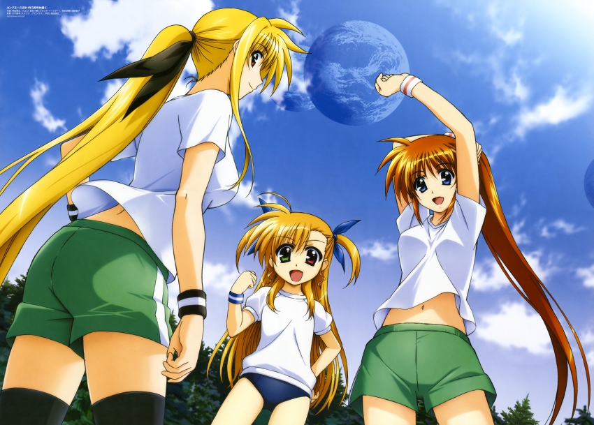 10s 3girls absurdres ass blonde_hair blue_eyes buruma child fate_testarossa gym_uniform hair_ribbon heterochromia highres long_hair lyrical_nanoha mahou_shoujo_lyrical_nanoha mahou_shoujo_lyrical_nanoha_vivid multiple_girls open_mouth red_eyes ribbon smile takamachi_nanoha thighhighs thighs tongue vivio